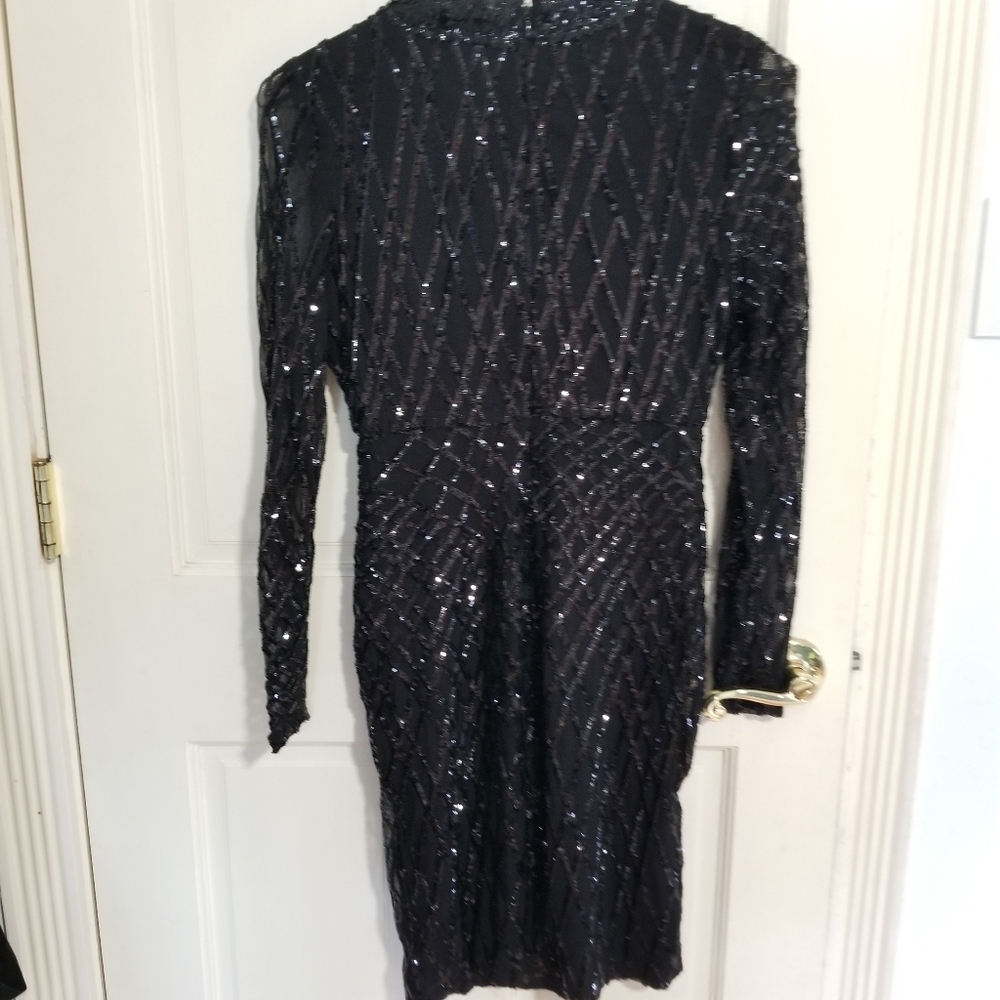 NWT L'ATISTE Black Sequin Long Sleeve Cocktail Dress womens size Small (332) - Picture 7 of 13